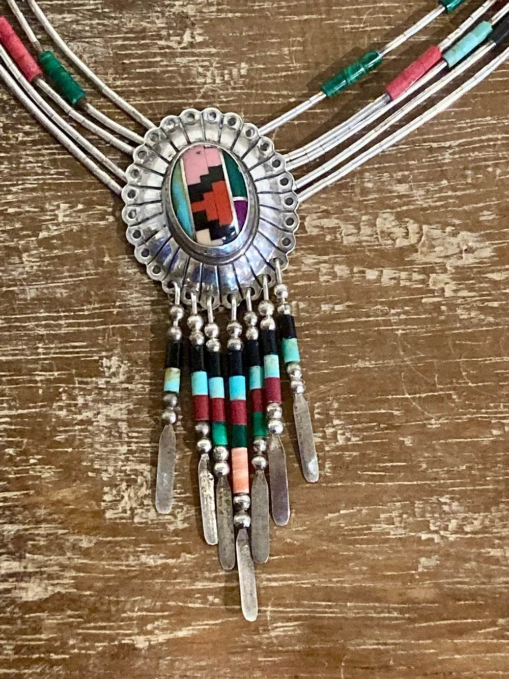 Southwestern Style Inlay Statement Necklace Y2K Style Sterling Silver QT Quoc - Picture 4 of 16
